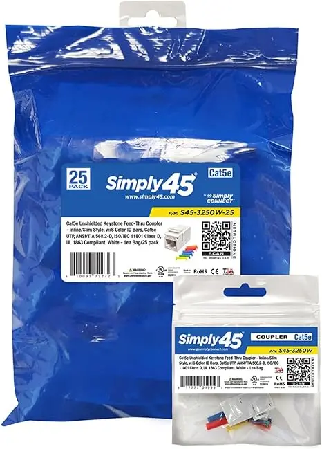 Simply45 S45-3250W-25: 25-Pack Cat5e Unshielded Keystone Feed-Thru Couplers