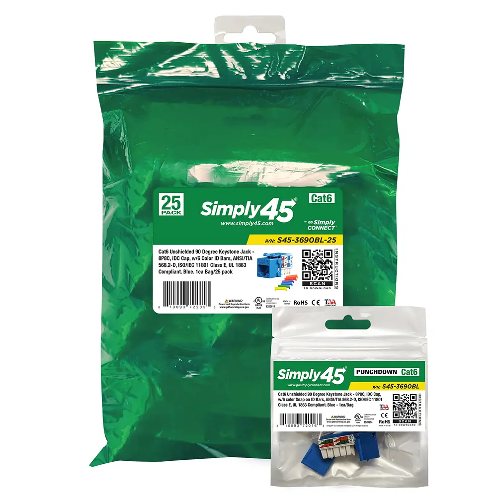 Simply45 S45-3690BL-25: 25-Pack Cat6 Unshielded 90-Degree Keystone Jacks