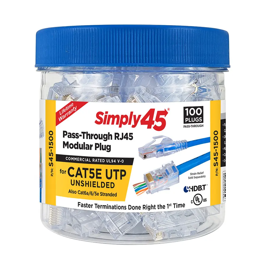 Simply45 S45-1500 Cat5e Pass-Through RJ45 Modular Plugs – 100 pcs