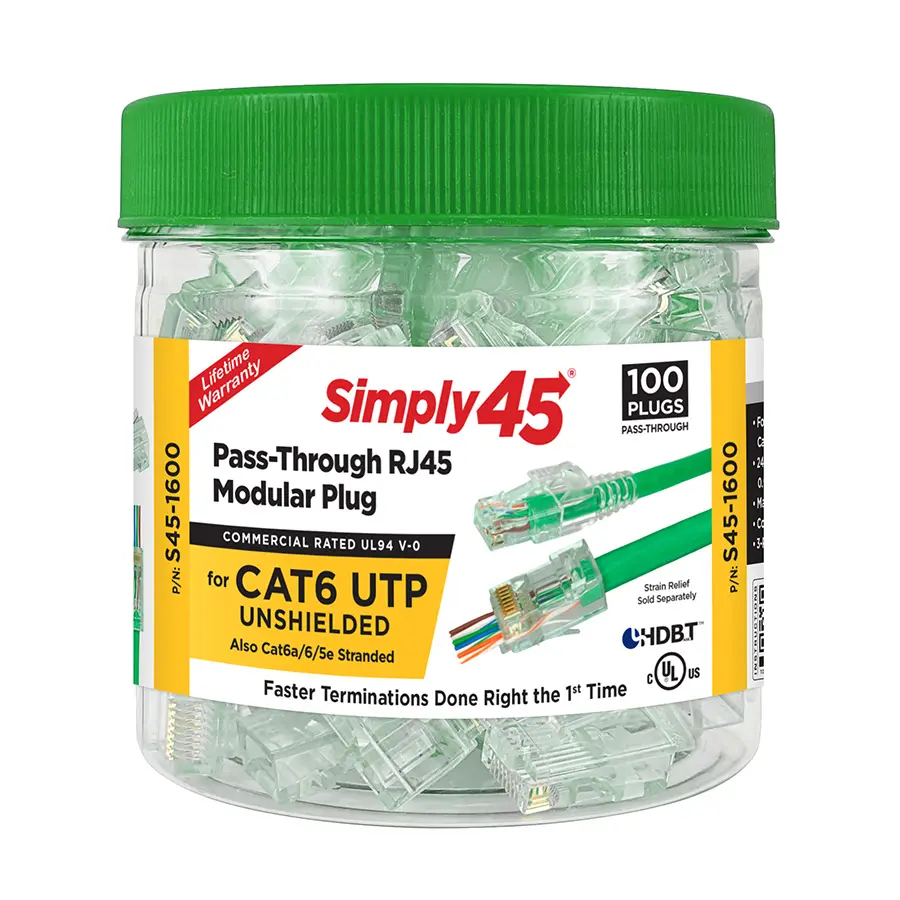Simply45 S45-1600 Cat6 Unshielded Pass-Through RJ45 Modular Plugs (100-Pack)
