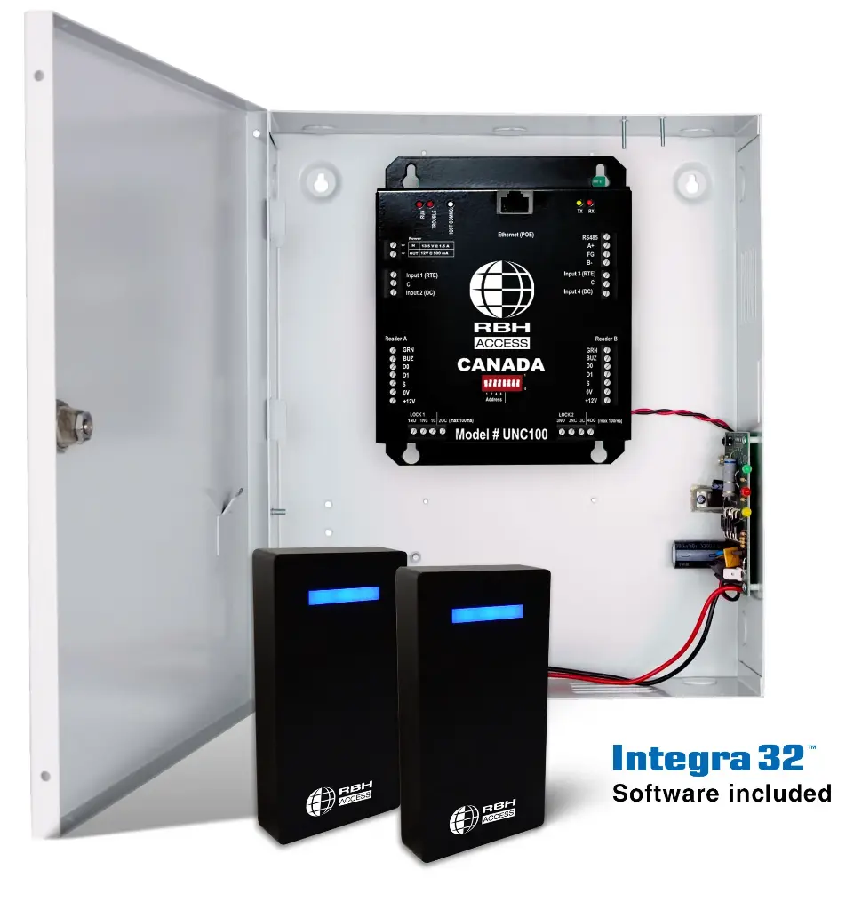 RBH-INT-UNC100-122S-M45-DNB-D-ISO - Integra™ UNC100 HYBRID EDGE wall mount, 2 door controller KIT (2 M45G-DNB-D Readers & 25 ISO Cards)
